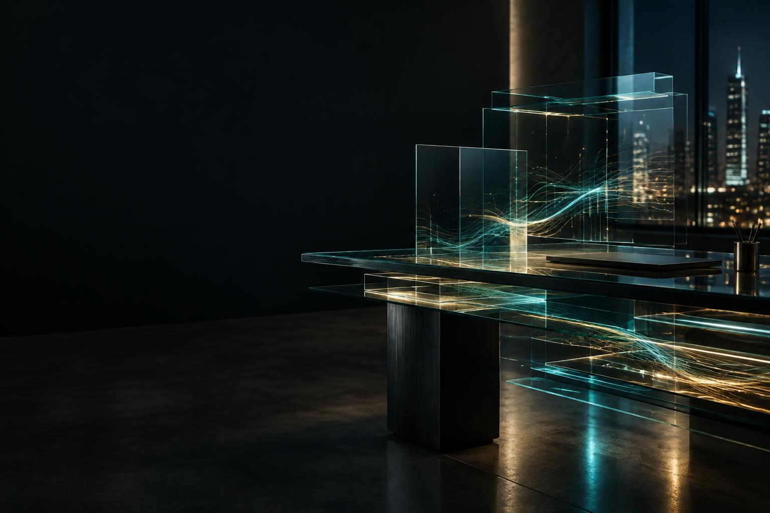Sculptural glass surfaces with flowing light, representing connected ideas